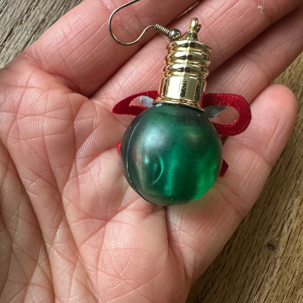 Christmas Light Bulb Earrings Green Red Bow Dangling Holiday Festive Jewelry - Picture 3 of 4